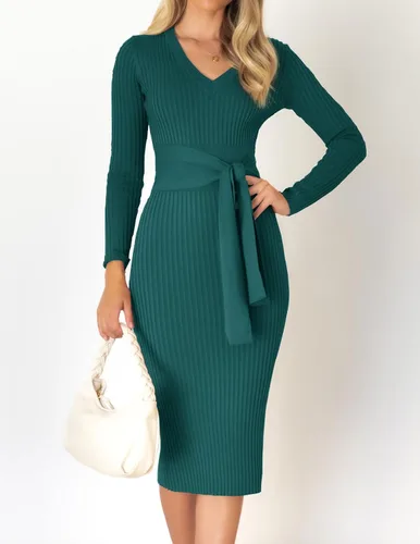 Vista 7 de ZESICA Vestido tipo suéter de otoño 2024 para mujer, cuello en V, manga larga, punto acanalado, cintura con lazo en la cintura, ajustado, vestidos