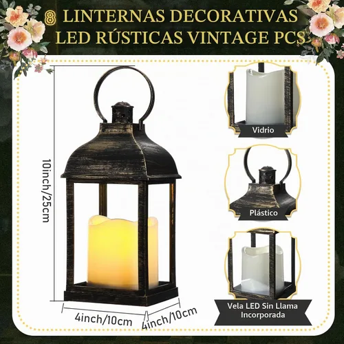 Vista 2 de 8 faroles decorativos de bronce oscuro de 10 pulgadas a granel para centros de mesa de boda, faroles de bronce con vela LED sin llama