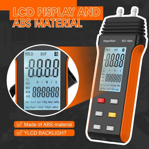 Vista 5 de Medidor de presión de gas Manometer HVAC, medidor de presión de aire manómetro de doble puerto WapoRich ±13.79Kpa/2.000Psi ±0.3% con 11