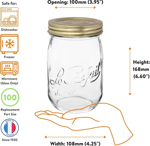 Vista 5 de Le Parfait Frascos con tapa de rosca – Tarros de vidrio francés de boca ancha – Embalaje sin residuos (4, 33.8 fl oz – 32 oz – 1L Tapa dorada)