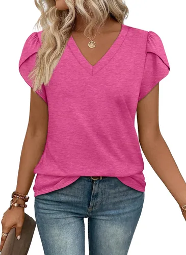 Vista 23 de WIHOLL Camisetas casuales de verano con cuello en V para mujer Negro