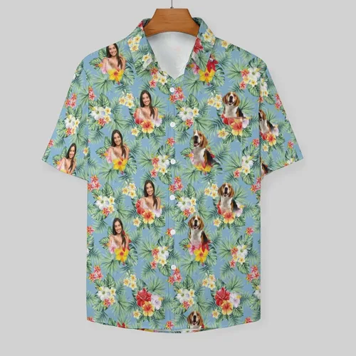Vista 3 de Camisa hawaiana personalizada con caras, camisa hawaiana de manga corta para hombre, diseño floral tropical para novio, marido, hijo