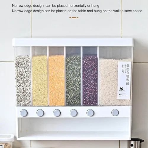 Vista 3 de Dispensador de arroz, dispensador de alimentos secos de 6 rejillas montado en la pared, recipientes grandes de almacenamiento de cereales secos