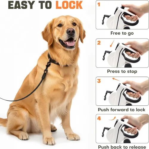 Vista 4 de Correa retráctil para perro con luz LED y cinta reflectante para paseo nocturno, correa de perro de 16 pies con dispensador de bolsas