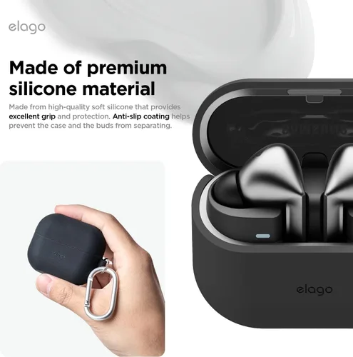 Vista 4 de elago Compatible con Samsung Galaxy Buds 3 Pro y 3 y 3 FE, funda de silicona de alta calidad con mosquetón, protección completa, carga inalámbrica