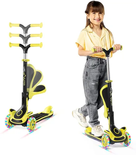 Vista 14 de Scooter de 3 ruedas para niños con asiento plegable, altura ajustable del manubrio, juguete de paseo inclinado para conducir para niños a partir