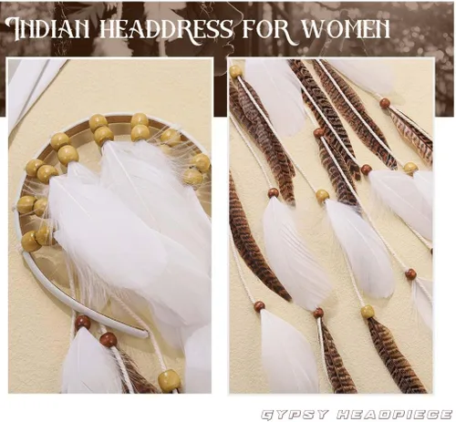 Vista 5 de GORTIN Diadema de plumas bohemias, diadema india hippie, tocado gitano blanco, trajes bohemios, accesorios para el cabello para mujer