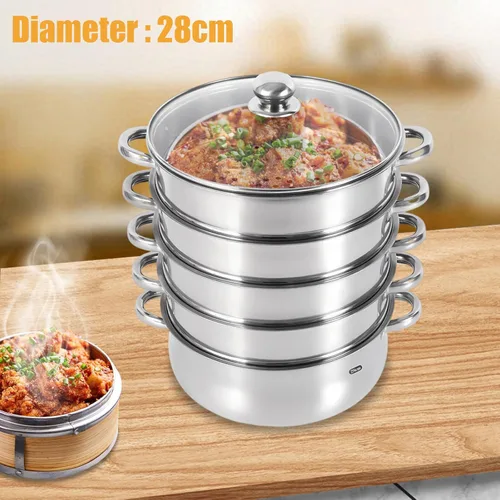 Vista 3 de Cocina de vapor de acero inoxidable de 5 capas, vaporizador de 11 pulgadas para cocinar alimentos, tapa de vidrio, adecuada para tamales, verduras