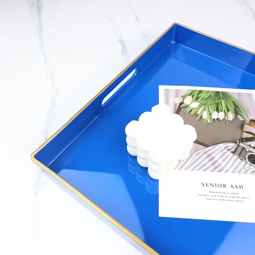 Vista 4 de Spsyrine Bandeja Decorativa Azul para Sala de Estar, Bandeja Cuadrada Moderna de Plástico para Servir Café para Mesa Otomana Baño Cocina, 13"*13