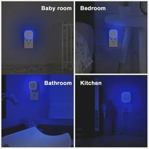 Vista 3 de YUNLEX Paquete de 4 luces nocturnas enchufables regulables, luz nocturna azul, sensor automático de atardecer a amanecer, luz nocturna LED, brillo