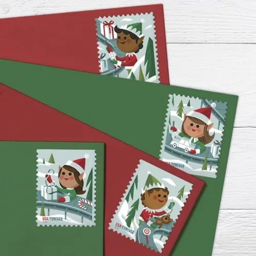 Vista 4 de Sellos postales Holiday Elves (5 folletos, 100 sellos) para USPS