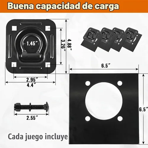 Vista 3 de Anclajes de Amarre de Anillo en D Empotrados, Paquete de 4 (6,000 Libras), Amarres de Piso de Remolque de Servicio Pesado y Puntos de Anclaje
