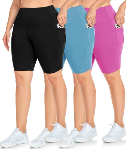 Vista 12 de NEW YOUNG Paquete de 3 pantalones cortos de ciclismo de talla grande con bolsillos para mujer, pantalones cortos de entrenamiento de cintura alta