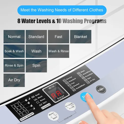 Vista 3 de COSTWAY Lavadora portátil, capacidad de 12 libras, lavadora completamente automática con 10 programas de lavado, pantalla LED, 8 niveles de agua