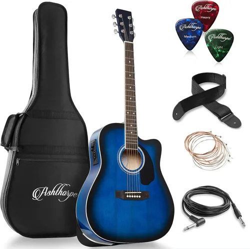 Vista 12 de Ashthorpe Paquete de Guitarra Acústico-Eléctrica Dreadnought Cutaway de Tamaño Completo - Maderas Tonales Premium - Negro