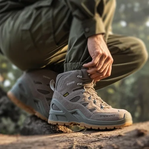 Vista 2 de Botas tácticas militares para hombre, transpirables, cómodas, duraderas, antideslizantes, para combate, seguridad Gris