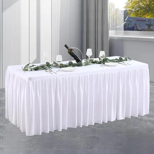 Vista 15 de Manteles de poliéster negro para mesas rectangulares de 4 pies, funda de mesa ajustada sin arrugas de 4 pies con falda para fiestas, bodas