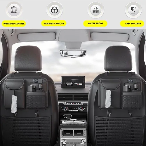 Vista 2 de Tumecos Bolsa de almacenamiento para el respaldo del asiento del automóvil, organizador de asiento trasero con caja de pañuelos, bolsillo