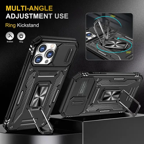 Vista 4 de Funda para iPhone 13 Pro con función atril con cubierta para cámara, protección de grado militar, soporte de anillo de metal, funda parachoques