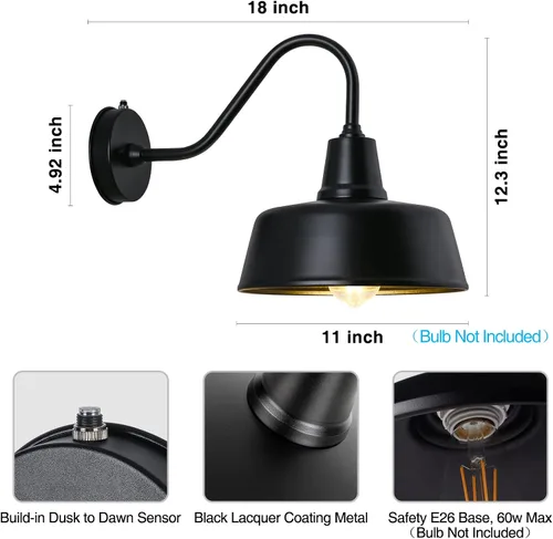 Vista 5 de Luz de Granero con Cuello de Ganso para Exteriores - Aplique de Pared Exterior para Casa de Campo, Sensor de Anochecer a Amanecer, Puerta Principal