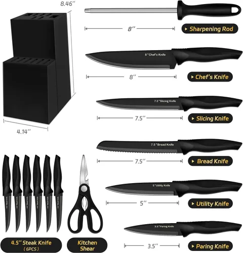 Vista 2 de XANAPON Juego de cuchillos de cocina de 14 piezas, acero inoxidable alemán de alto carbono, cubiertos aptos para lavavajillas con afilador