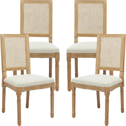 Vista 27 de ODUSE-DAILY Juego de 2 sillas de comedor French Country color beige, sillas de comedor de madera bohemia con respaldo tejido y asiento tapizado