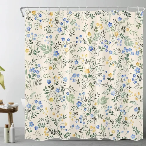 Vista 16 de LB Cortina de Ducha Decorativa de Flores Silvestres del Campo, Flores Azules y Amarillas con Planta de Hojas Verdes sobre Beige, Cortina de Ducha