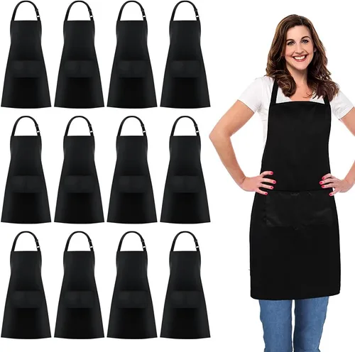 Vista 24 de Jubatus Paquete de 2 delantales 100% algodón con 2 bolsillos para cocinar, cocinero, delantal ajustable para mujeres y hombres, color beige