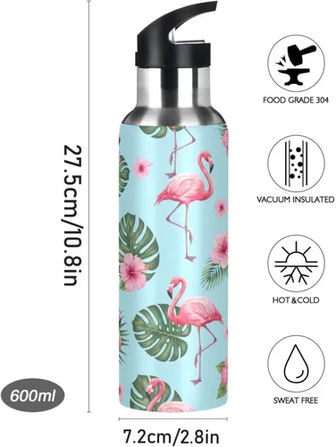 Vista 9 de Insulated Water Bottle 32 Oz, BPA-Free Sport Water Bottle Insulated for Gym Outdoor Travel School, Tropical Pink Flamingos Blue
