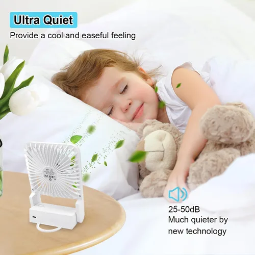 Vista 3 de ELZO Ventilador de viaje, mini ventilador de escritorio plegable, funciona con pilas, 3 velocidades ajustables de inclinación de 225°, ventilador