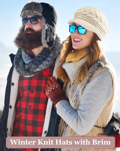 Vista 6 de SATINIOR Juego de 4 gorros y guantes de invierno para mujer, gorro de punto cálido, gorro de esquí de nieve con visera y guante para pantalla rojo