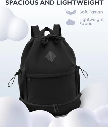 Vista 8 de Mochila deportiva con cordón, bolsa de gimnasio con compartimento para zapatos y bolsillo húmedo, bolsa de natación para mujeres y hombres, mochila