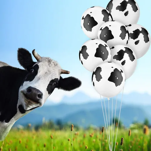 Vista 2 de Gejoy 24 globos de látex divertidos de vaca con estampado de vaca para decoración de fiesta de cumpleaños en blanco y negro