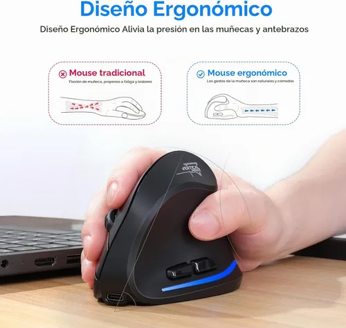 Vista 3 de ECHTPower Ratón inalámbrico ergonómico, mouse vertical Bluetooth con luz LED, controla hasta 3 dispositivos (BT5.0+BT5.0+2.4GHz), DPI ajustable