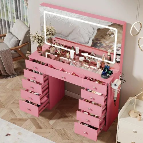 Vista 13 de Escritorio tocador Otterease con espejo y luces, escritorio de maquillaje con 11 cajones, tocador de maquillaje con superficie de vidrio templado, 3