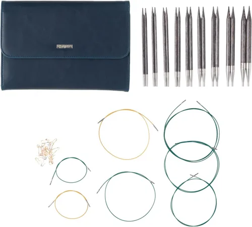 Vista 11 de Knit Picks Opciones Juego de agujas de tejer intercambiables de madera con estuche y marcadores de puntada (azul y dorado)