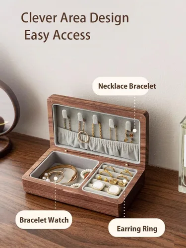 Vista 3 de Joyero de madera pequeño, joyero de madera de nogal delicado, regalo ideal para hombres y mujeres, organizador de joyas de viaje portátil