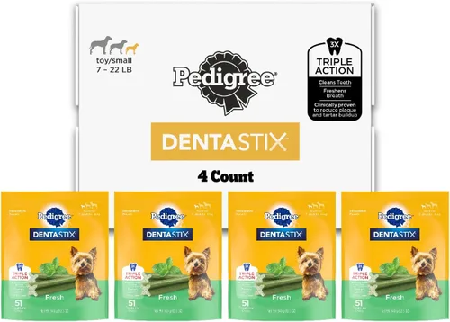 Vista 45 de Pedigree Dentastix Golosinas dentales para perros pequeños de doble sabor, tocino y pollo, bolsa de 5.08 onzas (24 golosinas)
