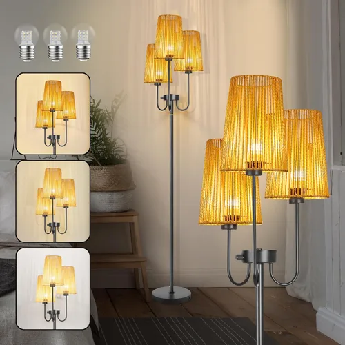 Vista 8 de Lámpara de pie de ratán para sala de estar, lámpara de pie de granja de 3 luces con pantallas de ratán, lámparas altas rústicas de 65 pulgadas