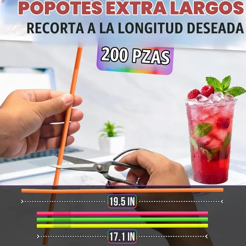 Vista 2 de Pajitas extra largas desechables, 200 popotes flexibles de plástico extralargos, elásticos de 17.1 a 19.5 pulgadas, flexibles para formas Varios