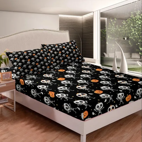Vista 4 de Juego de sábanas de microfibra suave con diseño de calavera de Halloween, diseño de esqueleto gótico, fantasma, sábana bajera ajustable rústica