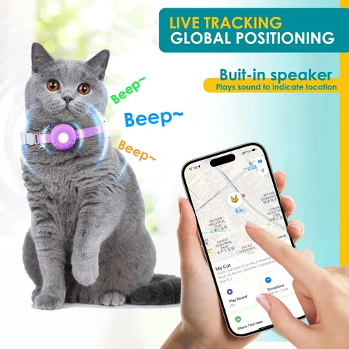 Vista 3 de Rastreador GPS para gatos con hebilla elástica de seguridad, compatible con Apple Find My App (solo iOS), sin tarifa mensual, morado 2-rastreador