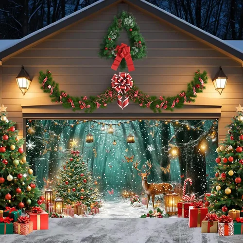Vista 8 de Cubierta de puerta de garaje de Navidad de 6 x 8 pies, Papá Noel, retro, camión, nieve, árbol de Navidad, decoración de puerta de garaje, decoración