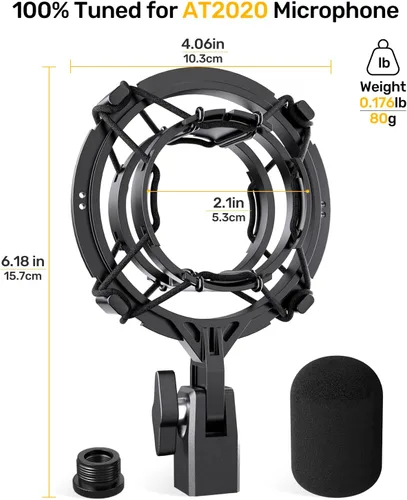 Vista 7 de Soporte de choque para micrófono AT2020 personalizado con filtro pop, suspensión antivibración, soporte de micrófono, clip compatible con Audio
