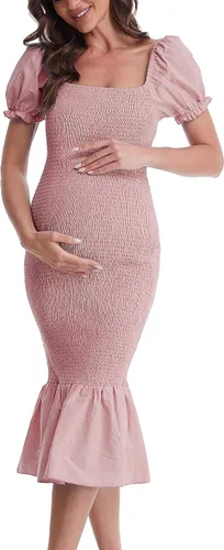 Vista 2 de Vestido de maternidad de verano a media pierna, manga corta abombada, cuello cuadrado, dobladillo con volantes, vestido de sirena para baby shower