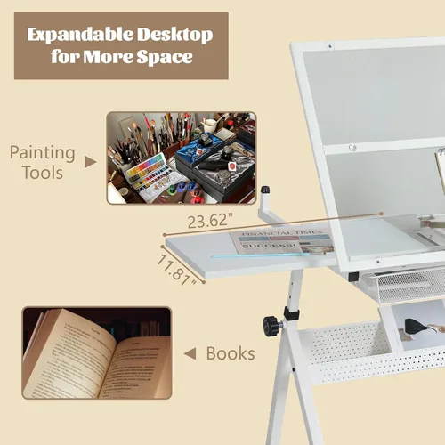 Vista 6 de Escritorio de mesa de dibujo ajustable en altura con taburete, parte superior de vidrio templado Blanco