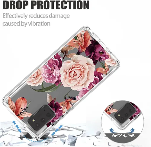 Vista 7 de Funda para Galaxy Note 20 5G, SM-N981U con protector de pantalla de vidrio templado, patrón floral transparente, funda protectora de cuerpo completo