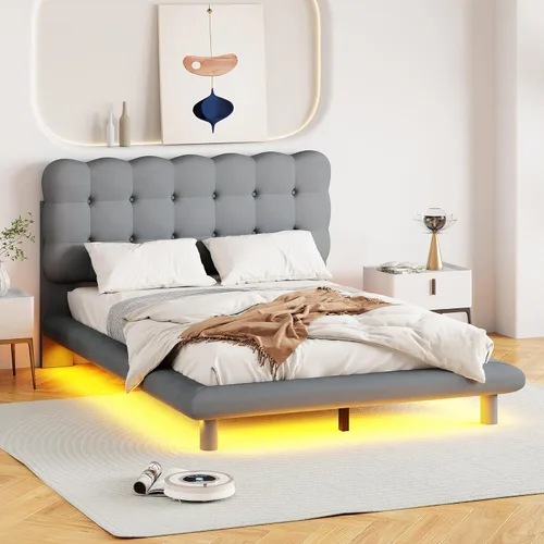Vista 29 de Cama de plataforma flotante, marco de cama de madera tamaño individual con rayas claras, tela de lino suave y cabecera de diseño capitoné