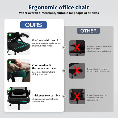 Vista 5 de Silla de Oficina Ergonómica, Silla de Escritorio con Soporte Lumbar Ajustable, Sillas de Computadora Cómodas de Malla Transpirable con Reposabrazos