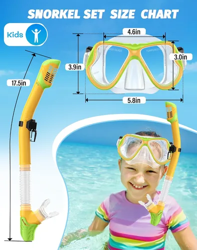 Vista 6 de Greatever Snorkeling Gear for Kids, Dry Snorkel Set Panoramic View Snorkel Mask, Anti-Fog Scuba Diving Mask for Kids Youth Age 6-14, Unisex Swimming